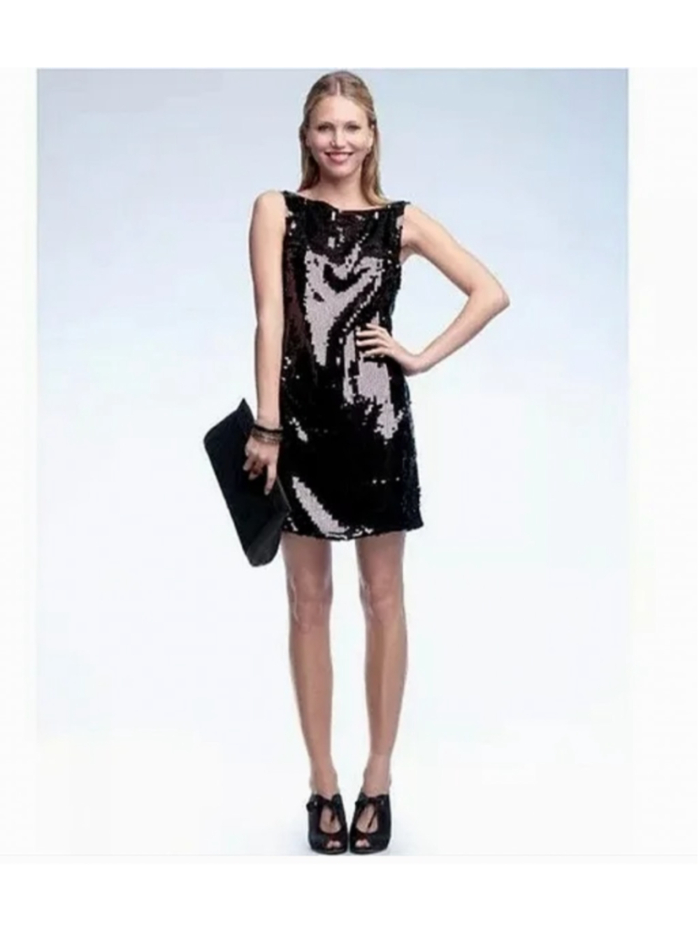 NWT - BANANA REPUBLIC Black Sequin Mini Dress, Reversible V-Neck & round neck, 4